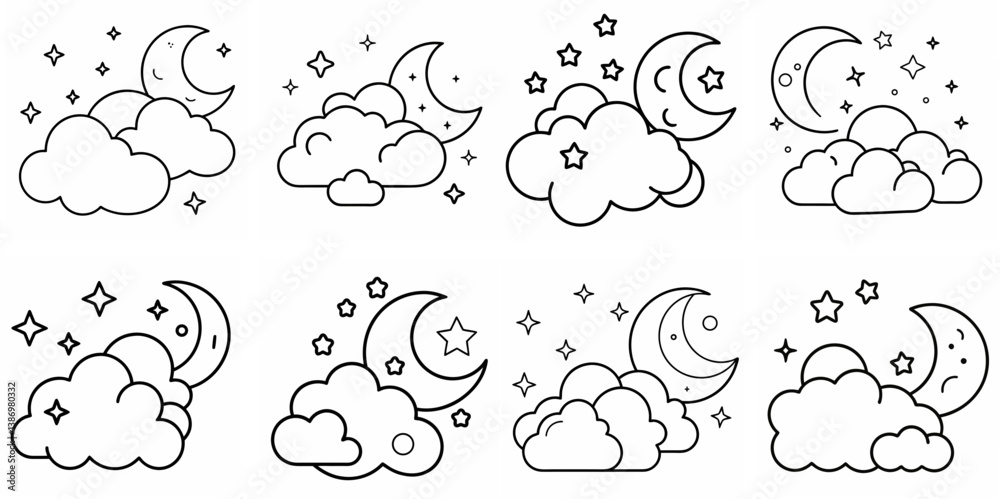 Obraz premium Clouds, Stars & Moon – Outline Coloring Book Line Art Set