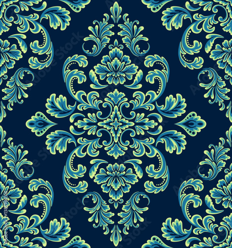 Royal damask seamless pattern. Floral and leaves wallpaper Victorian ornate style with blue and lite green color tone. Design for texture, curtain, background, carpet and fabric.