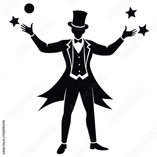 Juggler Silhouette With Stars And Ball In Black And White Illustration.