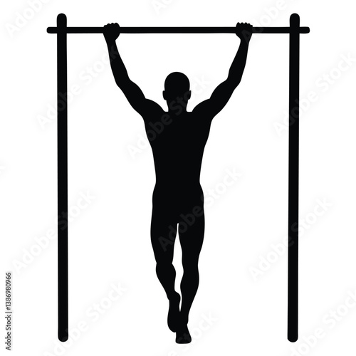 Silhouette Of A Man Doing Pullups At A Gym Bar Training.