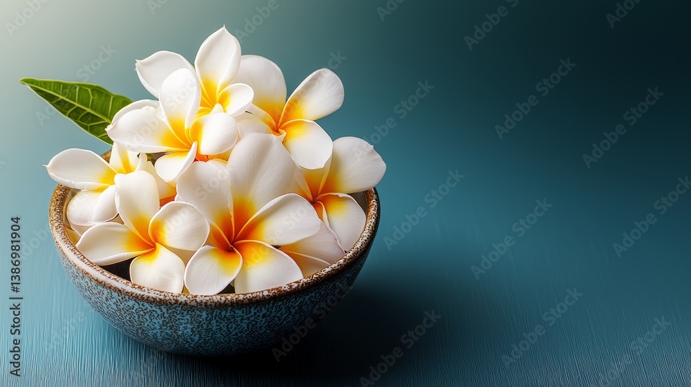 A bowl of white flowers sits on a blue background. The bowl is filled with a variety of flowers, including some that are yellow and orange A bowl of white flowers sits on a blue background. The bowl is filled with a variety of flowers, including some that are yellow and orange