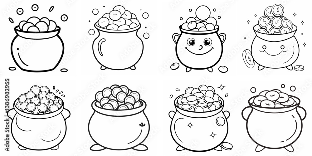 Fototapeta premium Funny Pot with Coins – Outline Coloring Book Line Art Set