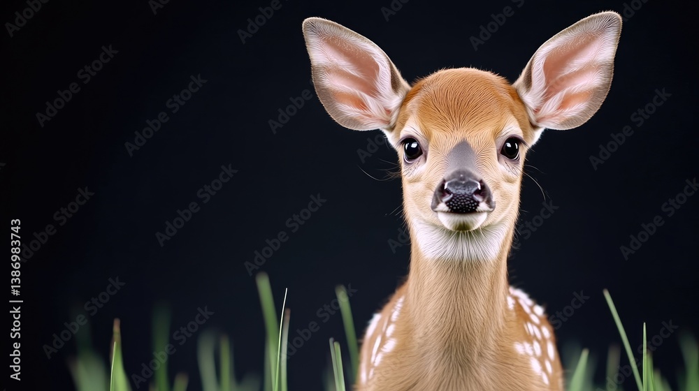 A fawn, with large ears and spotted coat, looks directly at the camera. Its nestled in grass against a black background. The image is high-quality, sharply focused, with even lighting. The style is A fawn, with large ears and spotted coat, looks directly at the camera. Its nestled in grass against a black background. The image is high-quality, sharply focused, with even lighting. The style is