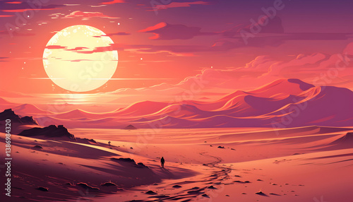 Tranquil Sunset Over Pixelated Desert Landscape with Warm Orange and Red Hues in a Peaceful Outdoor Scene