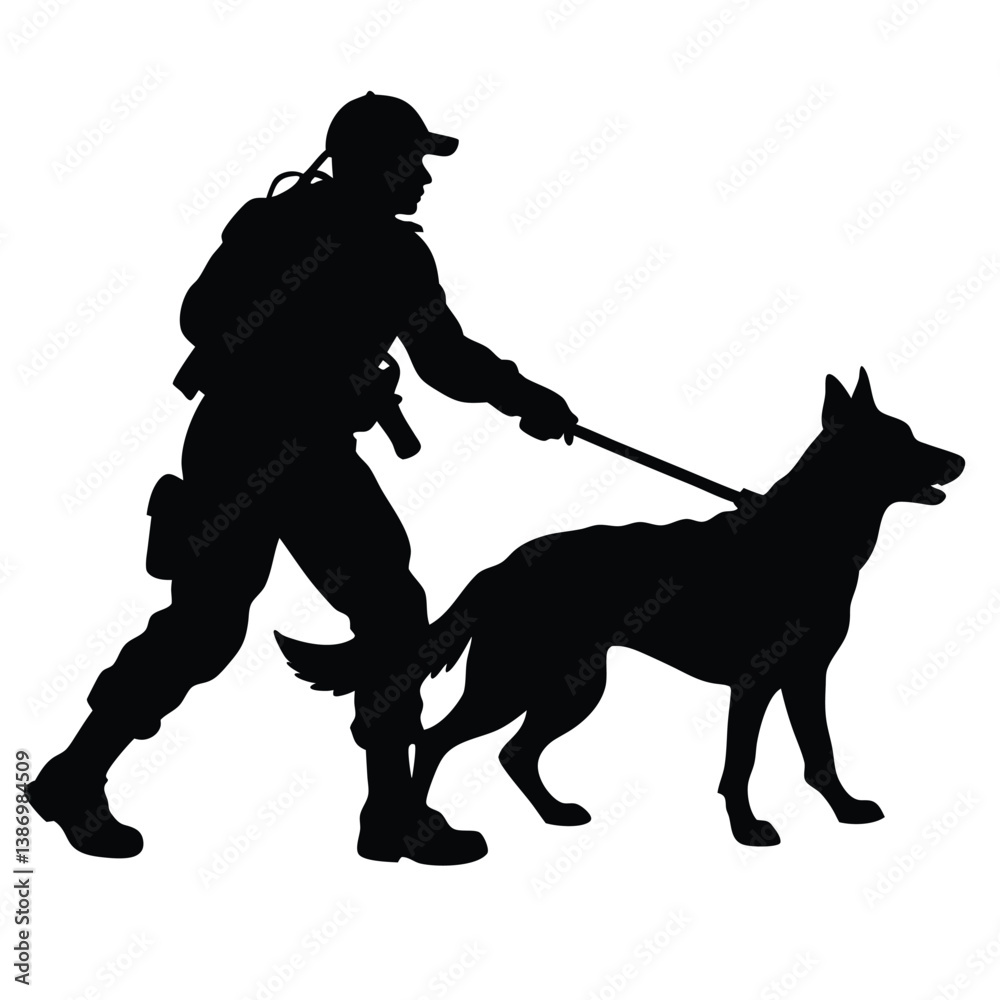 Silhouette Of Armed Security Guard Walking A German Shepherd Dog. Silhouette Of Armed Security Guard Walking A German Shepherd Dog.
