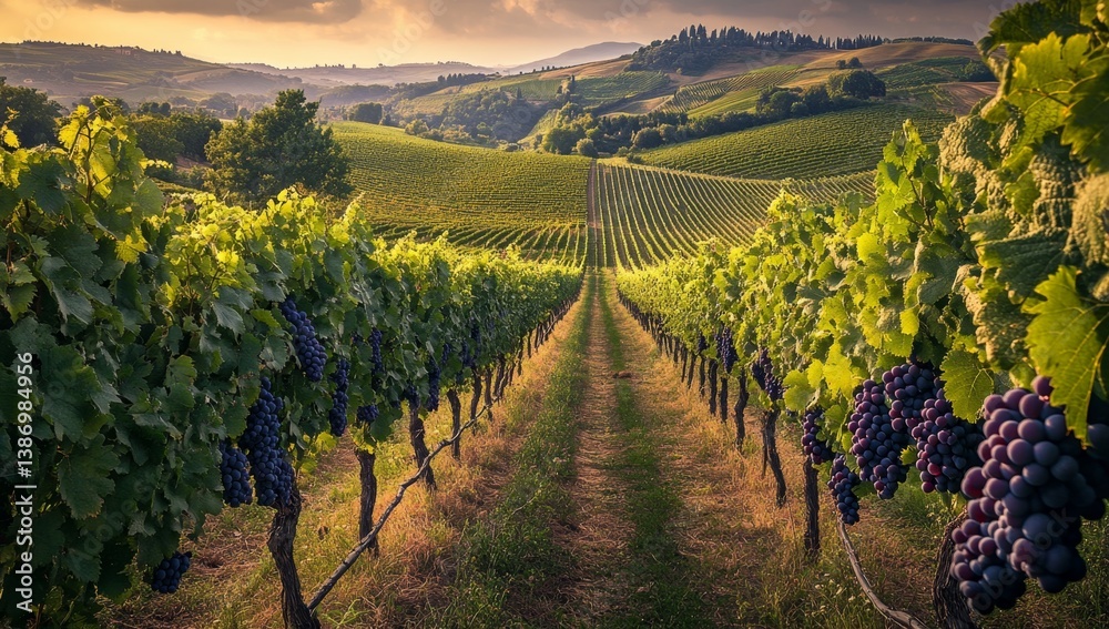 Fototapeta premium Picturesque vineyard rows stretching into a golden sunset landscape