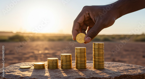 Indigenous Australian Hand Stacking Coins in Arid Desert Landscape