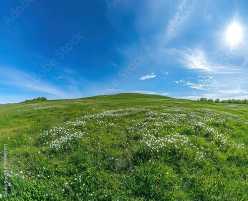 A vibrant landscape of rolling hills with blue sky overhead