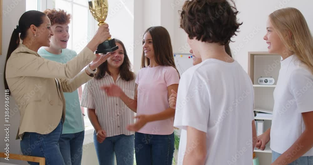 Win Classmate School award, teacher giving trophy, girl pupil awarded success in exam ...