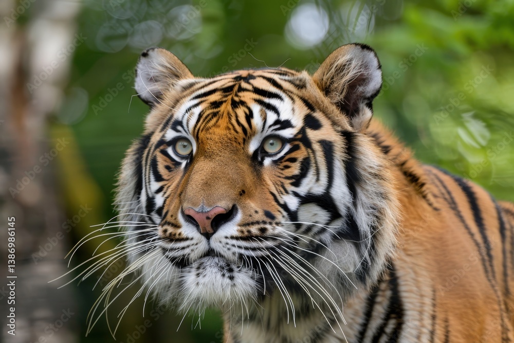Fototapeta premium Majestic tiger portrait showcasing striking features against a lush green backdrop in nature