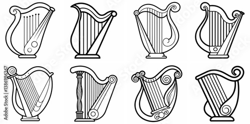 Musical Harp – Outline Coloring Book Line Art Set