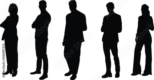 Business men and women silhouettes in different style standing pose for their office work, meeting, consulting. Vector illustration on white background. 