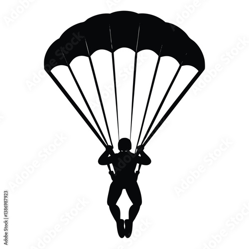 Silhouette Of Parachutist Skydiving With Parachute Above Vector Graphic Illustration.