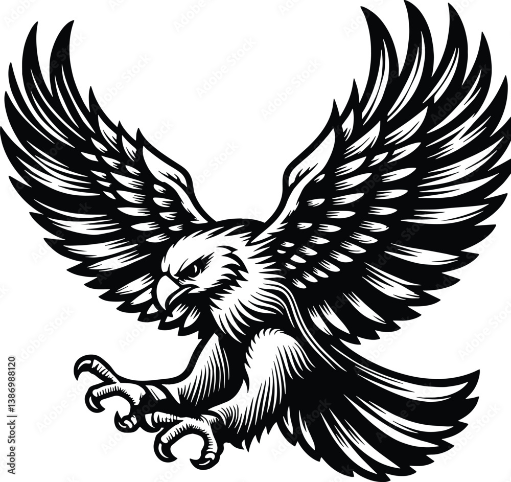 Obraz premium Vintage Tattoo Style Eagle Vector with Spread Wings – Black and White Illustration