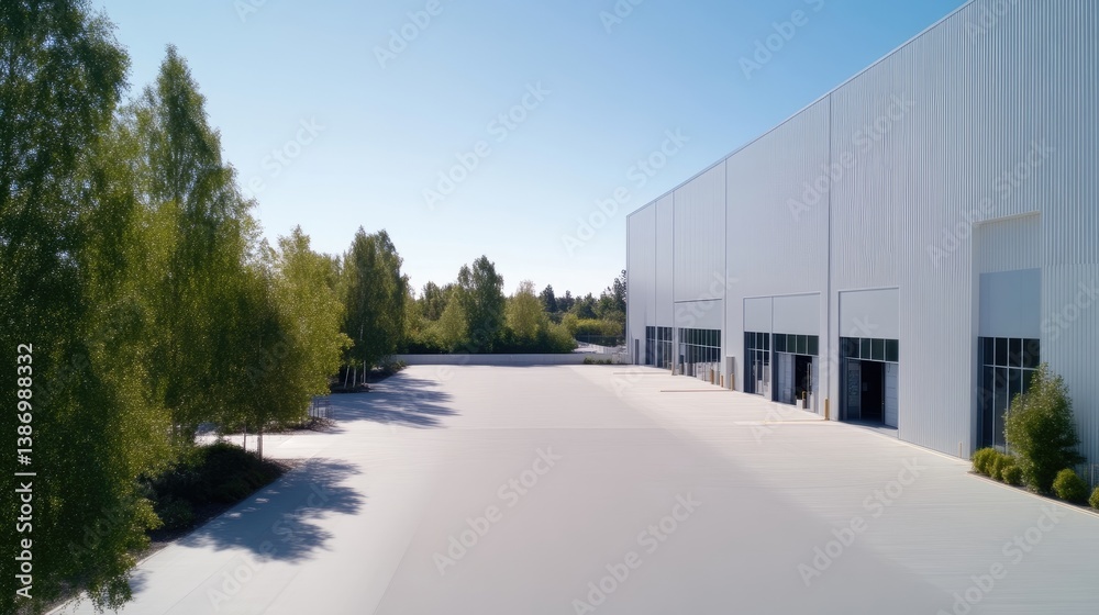 Obraz premium Empty modern warehouse complex with ample parking and landscaping