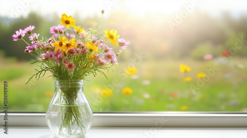 Wallpaper Mural A vibrant bouquet of wildflowers in a glass vase on a windowsill with a sunny garden background. Torontodigital.ca