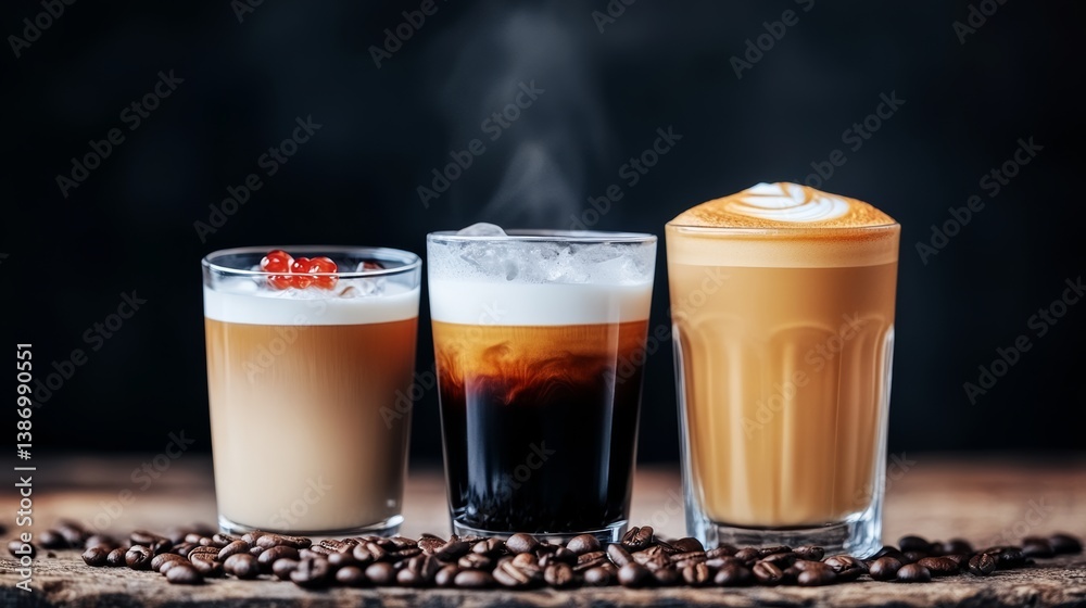 Three coffee cups with different colors and one of them has a steam coming out of it. The cups are placed on a table with coffee beans on the ground Three coffee cups with different colors and one of them has a steam coming out of it. The cups are placed on a table with coffee beans on the ground