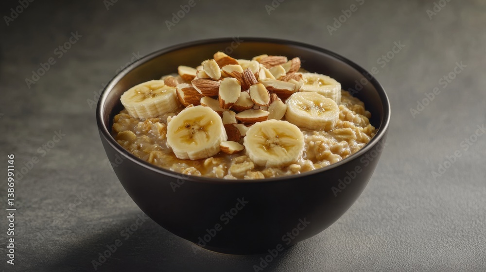 A hearty bowl of oatmeal with banana slices, almonds, and honey. Featuring warmth and nourishment A hearty bowl of oatmeal with banana slices, almonds, and honey. Featuring warmth and nourishment