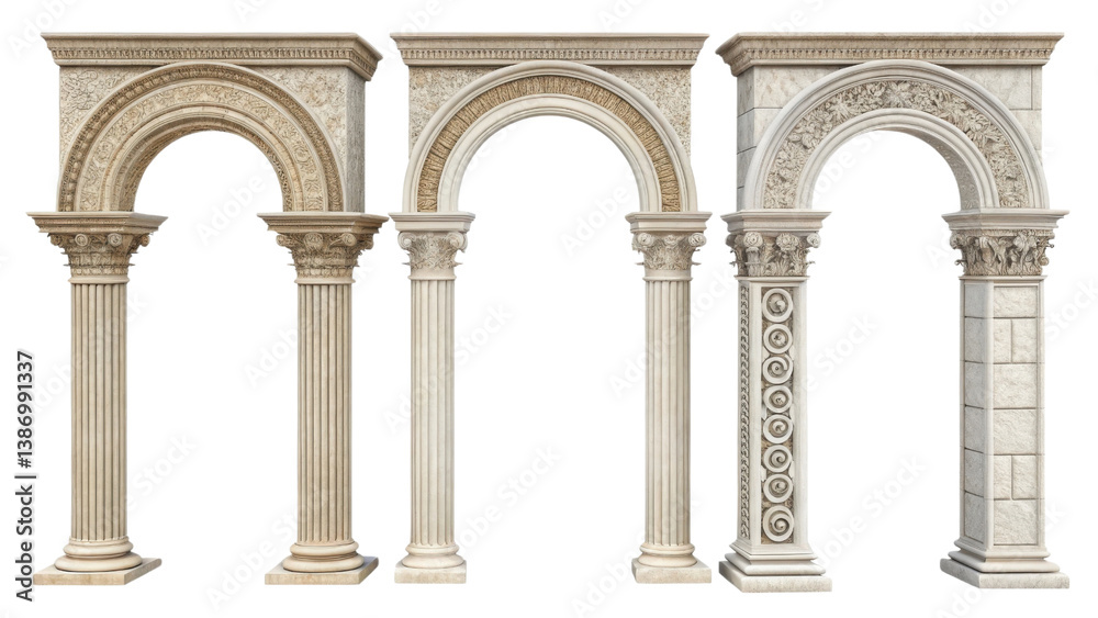 Naklejka premium Elegant architectural pillars showcase intricate designs and textures, highlighting beauty of classical architecture. These pillars stand
