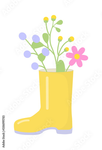 Cute flowers in a yellow boot. Isolated on a white background. Flat design. Colored icon, flower vector illustration. 