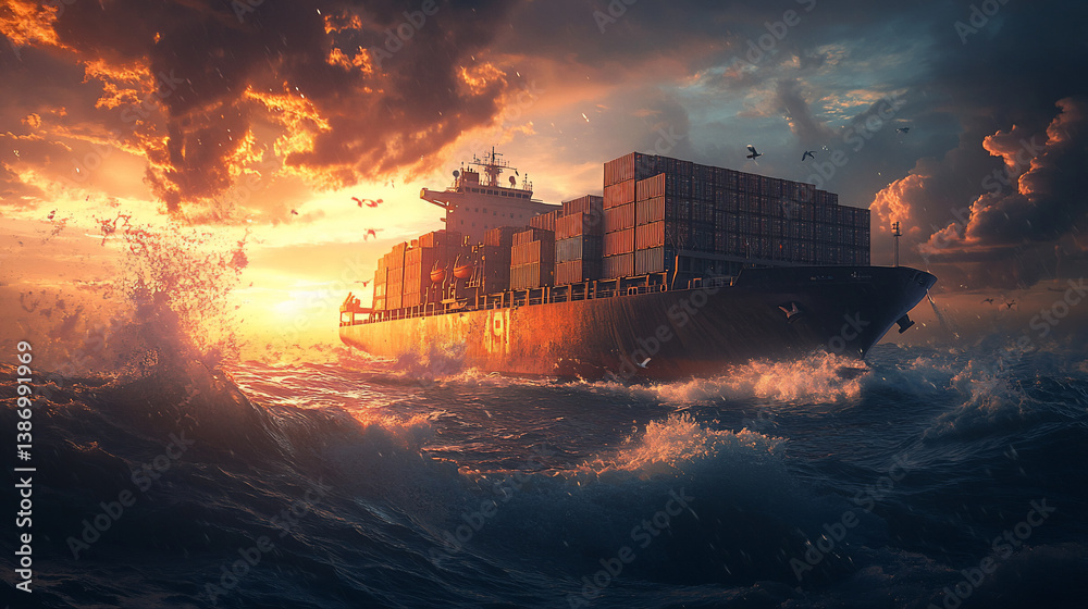 Fototapeta premium Massive cargo ship stormy ocean 4K