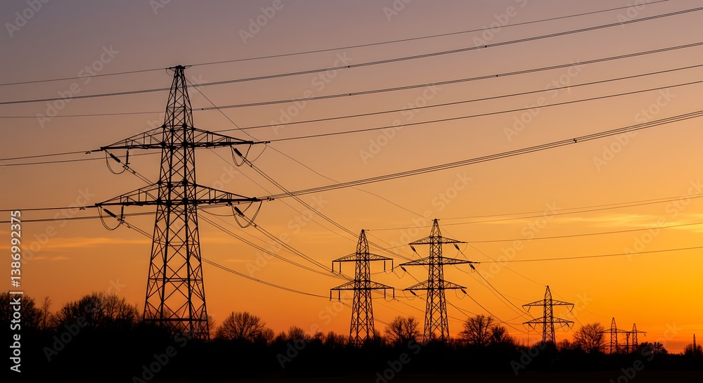 Fototapeta premium Electric Transmission Towers at Sunset: Rural Landscape Photography AI Generated