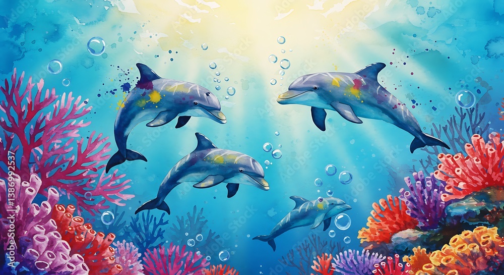Fototapeta premium Oceanic Joy: Vibrant Dolphin Dance in a Coral Reef Paradise AI Generated