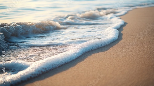 Gentle waves caressing a golden sandy shore in soft morning sunlight