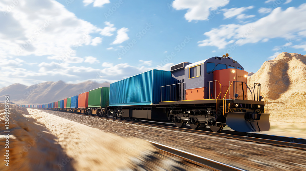 Fototapeta premium Endless cargo train cutting through golden desert cinematic lighting