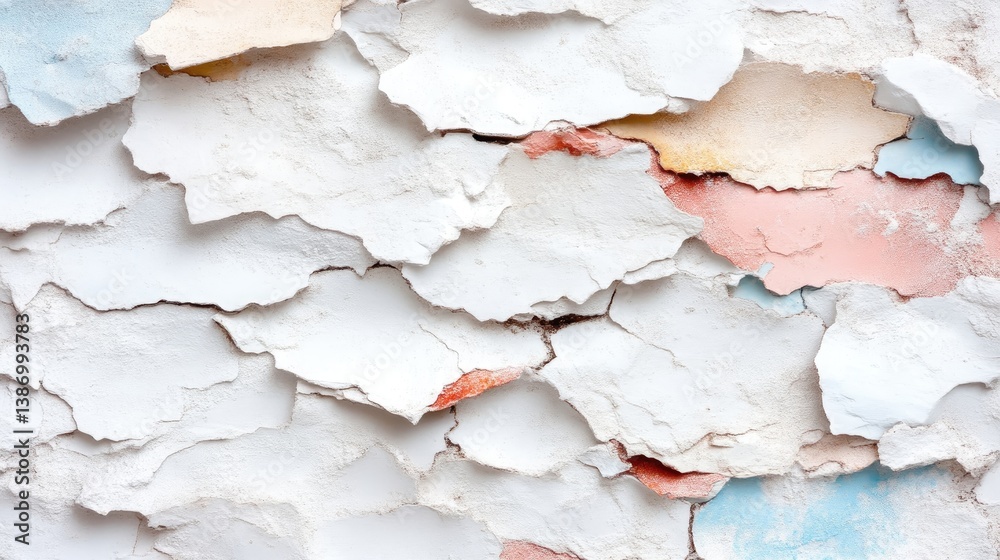 Obraz premium The image shows a close-up of peeling paint on a wall. White paint dominates, with hints of pastel peach, blue, and yellow underneath. The texture is rough and uneven. Its a high-resolution photo wi