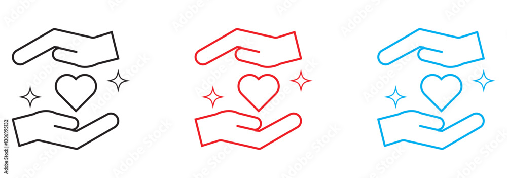 Heart in hand icons set. Hands holding heart icon. Love icon. Health, medicine symbol. Healthcare hands holding heart flat and line style - stock vector Heart in hand icons set. Hands holding heart icon. Love icon. Health, medicine symbol. Healthcare hands holding heart flat and line style - stock vector
