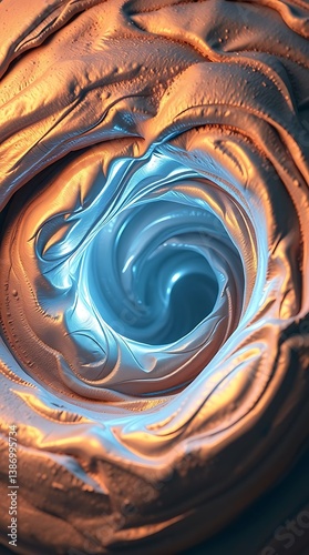 Abstract swirl of blue and gold metallic paint texture art