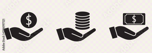 save money icon, salary money, invest finance, hand holding dollar, Hand holding a dollar icon, Affordable line icon vector set. Hand holding a dollar sign icon set