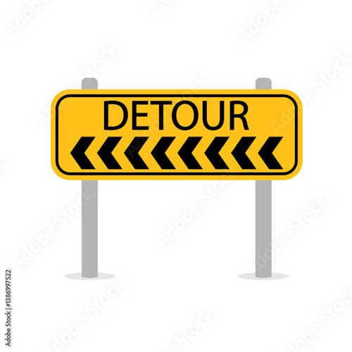 Detour to the left. A rectangular yellow road sign with black arrows and the words detour. The direction indicator