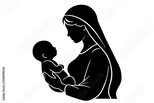 Silhouette vector illustration of a loving mother and child, perhaps a son or baby, embodying family love, family, love, mother, child, silhouette, vector, illustration, parent, son, baby, maternal