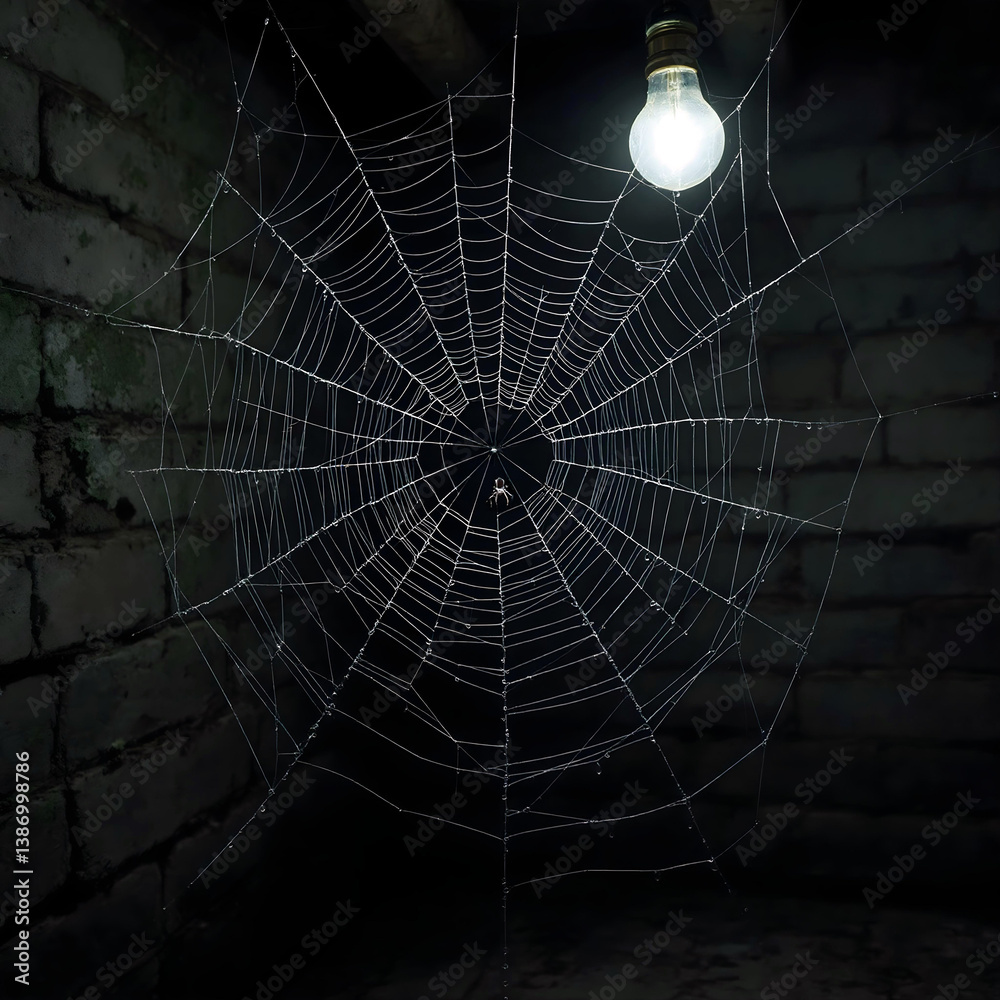 Fototapeta premium Spider Web with Light Bulb – Creepy Minimal Concept