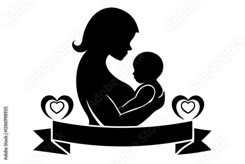 Vector art shows a loving mother and child silhouette, a beautiful family design, mother, child, silhouette, family, love, vector, art, design, parent, kid, together, care, embrace, hug, affection
