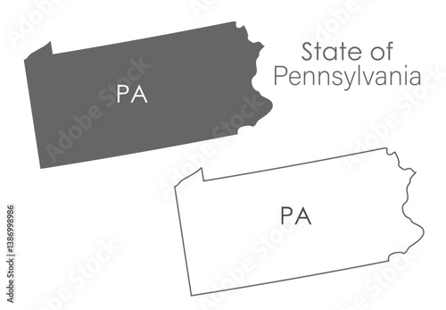 Pennsylvania. The outline and silhouette of the state with the abbreviated abbreviation of the name. The state border. A template for the design of printed products