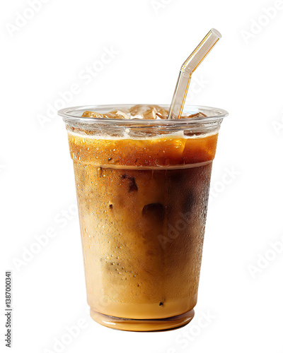 Isolated transparent Fresh iced coffee in a clear cup with straw. png die-cut