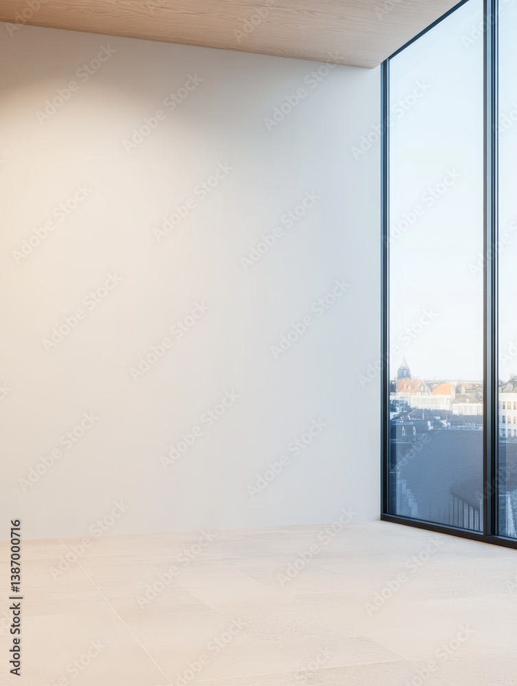 Fototapeta premium Minimalistic interior design showcasing a spacious room with large windows and city views