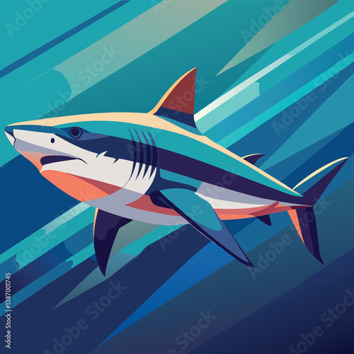 Colorful illustration of a shark swimming gracefully in deep blue ocean waters at midday Generative AI