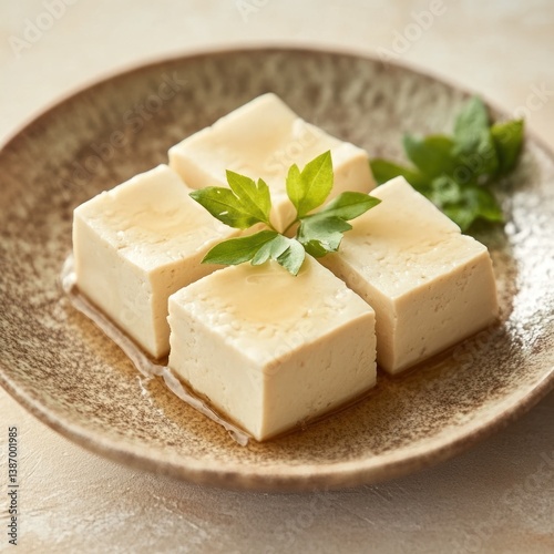 Silken tofu cubes drizzled with sweet sauce and adorned with greens
