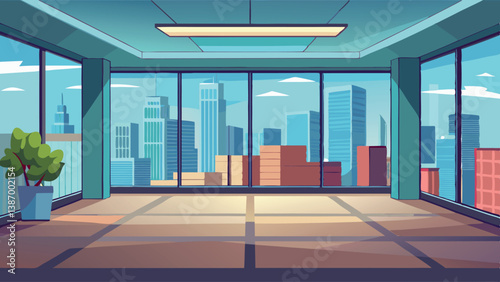 Modern office interior with city skyline view during bright daytime hours showcasing urban architecture Generative AI