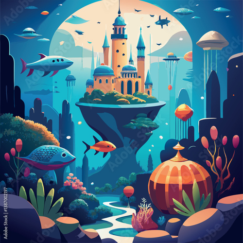 Fantasy underwater kingdom with floating castle and colorful marine life in a serene ocean landscape Generative AI