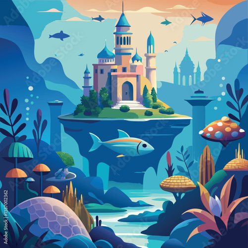 Majestic castle floating above a vibrant underwater landscape with various sea creatures during a colorful twilight Generative AI