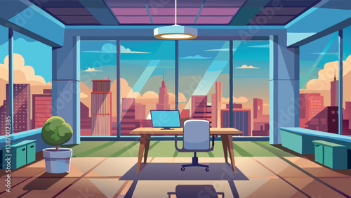 Modern office space with a city skyline view at sunset showcasing contemporary design and vibrant colors Generative AI