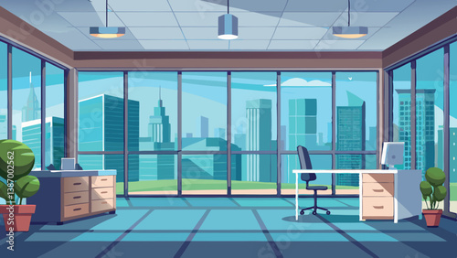 Modern office interior with city skyline view during daytime showcasing large windows and contemporary furniture Generative AI