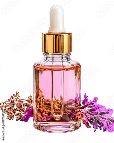 Isolated transparent A stunning dropper bottle filled with lavender essential oil. Floral accents enhance the natural beauty, ideal for skincare and wellness promotions. png die cut
