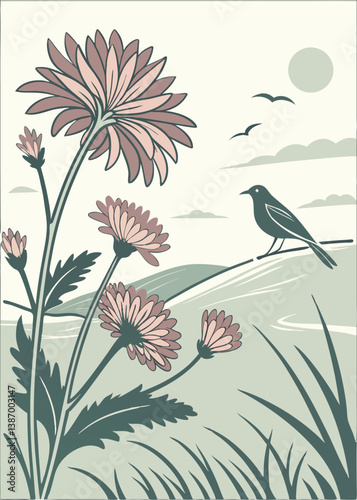 Flowers bloom near a serene landscape while a bird enjoys the peaceful surroundings during the early hours of the day Generative AI