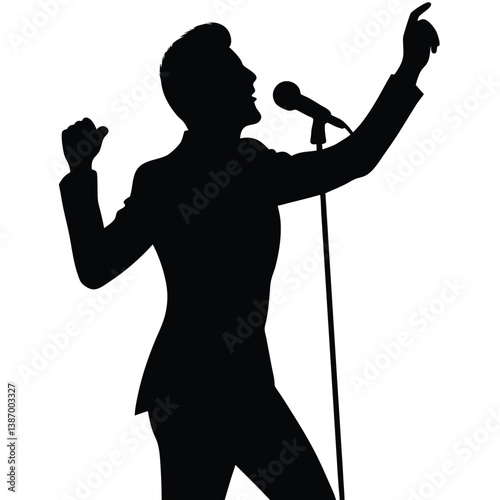 Silhouette Of A Man Singing With Microphone And Raising Hand Gesture.